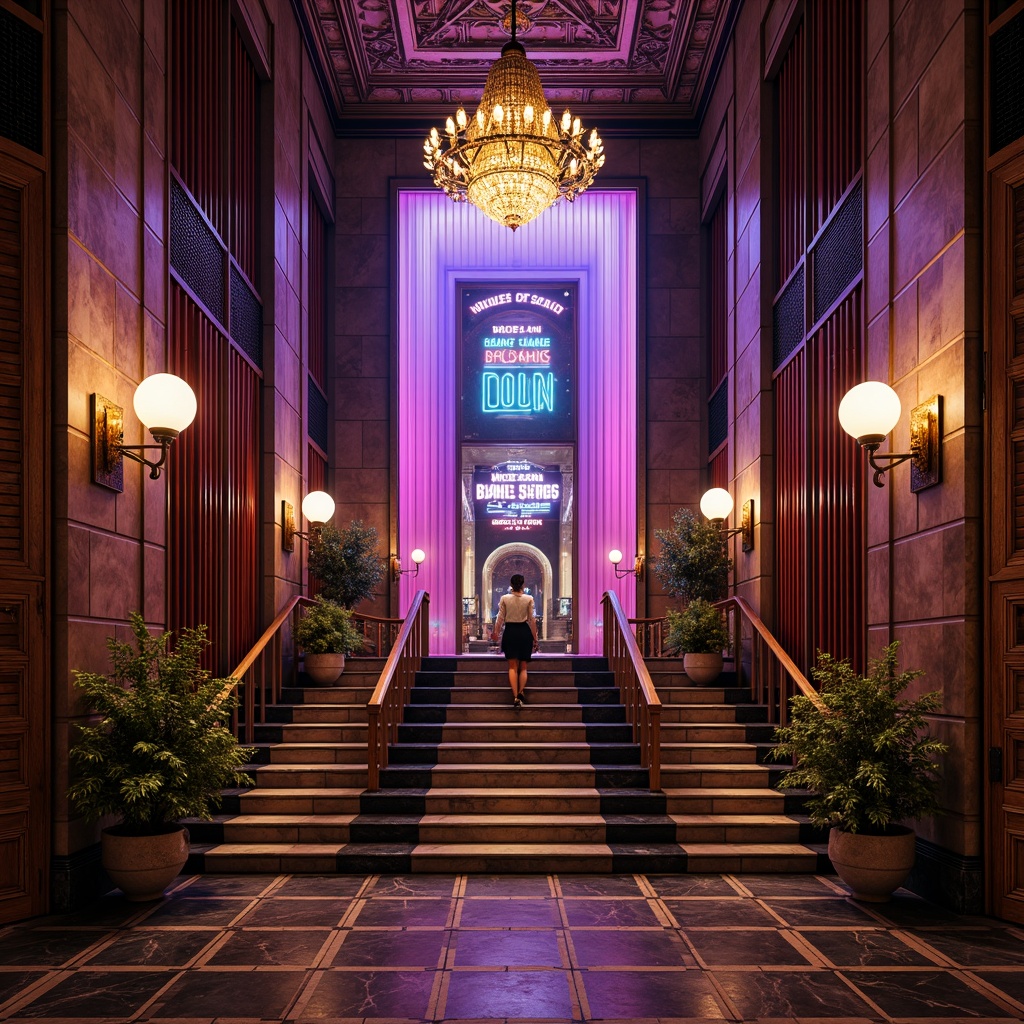 Prompt: Neon-lit nightclub facade, Art Deco-inspired geometric patterns, metallic silver accents, luxurious velvet drapes, ornate golden details, lavish chandeliers, grand staircases, opulent marble floors, rich wood paneling, intricate moldings, dramatic spotlights, warm ambient glow, shallow depth of field, 1/2 composition, cinematic lighting, realistic textures, atmospheric fog effects.