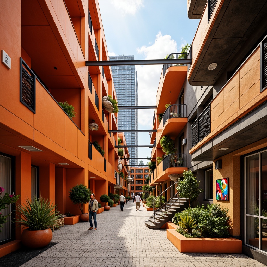 Prompt: Vibrant orange accents, irregular shapes, expressive curves, bold color-blocking, playful patterned tiles, eclectic mix of materials, industrial metal beams, exposed ductwork, dramatic overhead lighting, abstract murals, whimsical sculptures, dynamic staircases, asymmetrical windows, undulating rooflines, urban context, bustling cityscape, morning sunlight, shallow depth of field, 2/3 composition, cinematic atmosphere, stylized textures, subtle ambient occlusion.