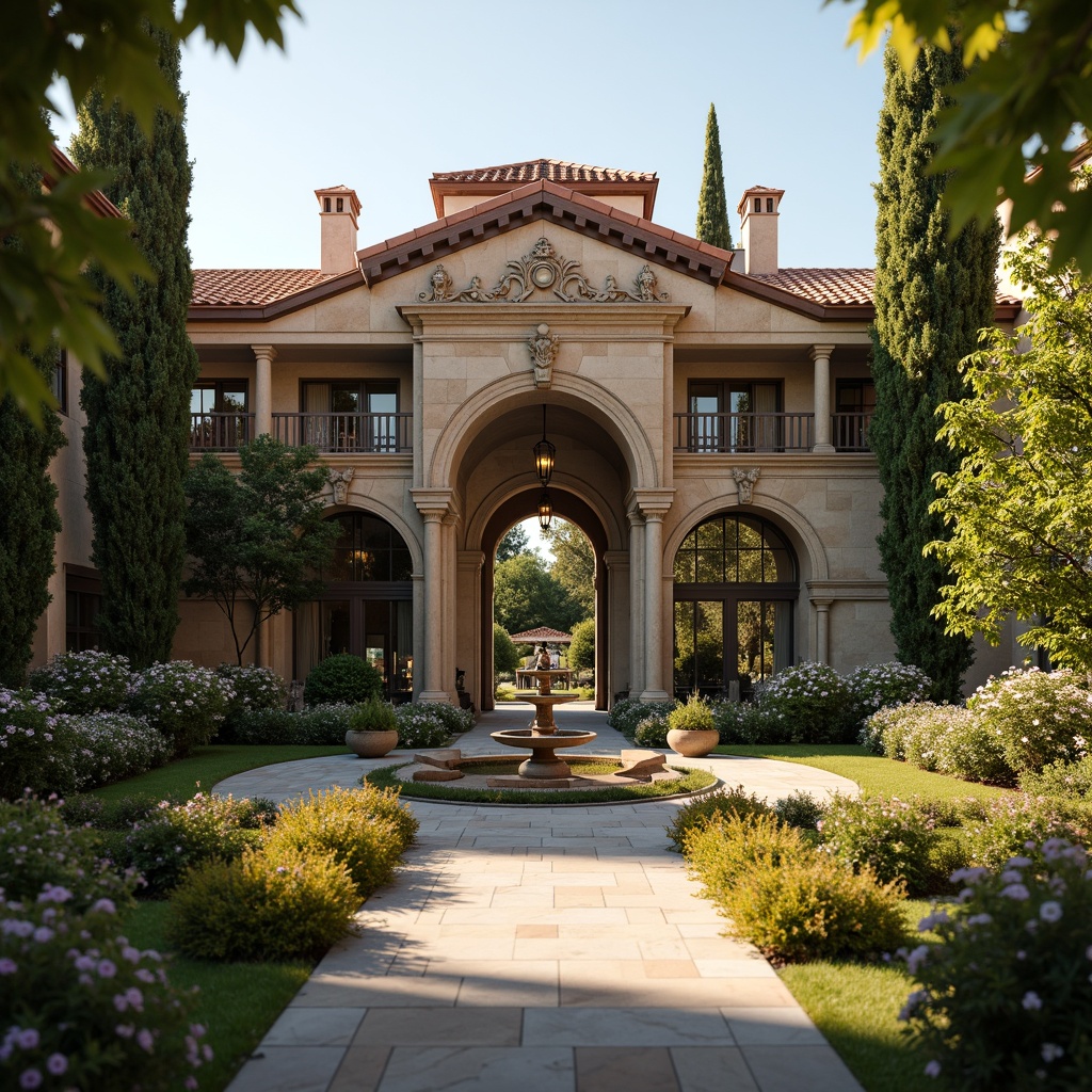 Prompt: Grand villa entrance, ornate archways, rustic stone walls, terracotta roof tiles, lush green vines, blooming flower arrangements, symmetrical fountain design, manicured lawns, tall cypress trees, warm golden lighting, shallow depth of field, 1/1 composition, realistic textures, ambient occlusion, classic Renaissance architecture, ornate carvings, decorative moldings, grandeur scale, serene atmosphere, soft focus effect.