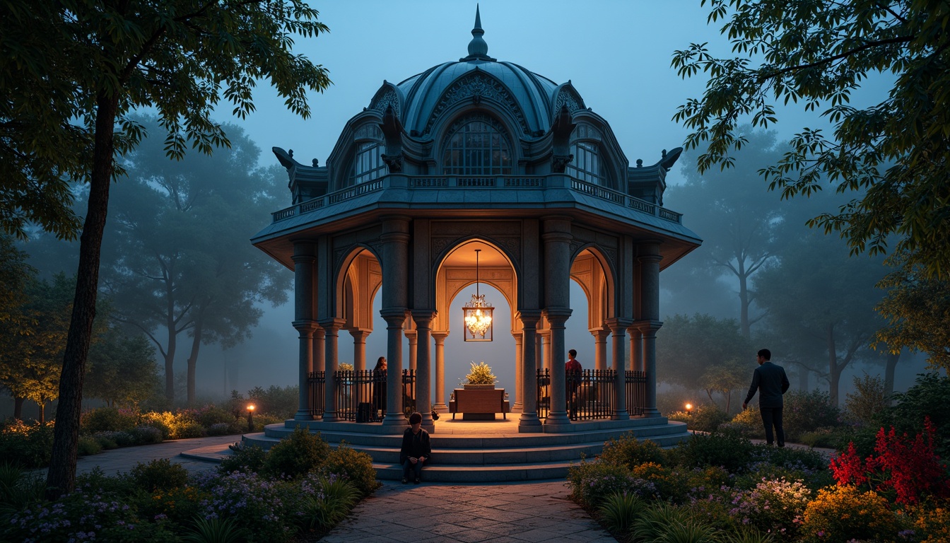 Prompt: Intricate pavilion structure, gothic arches, ribbed vaults, flying buttresses, stained glass windows, ornate stone carvings, mystical ambiance, eerie twilight atmosphere, misty foggy surroundings, lush greenery, vibrant florals, bold red accents, deep blue hues, golden lighting, warm candlelight, mysterious shadows, dramatic chiaroscuro, 1/2 composition, cinematic framing, high contrast ratio, intricate textures, ambient occlusion.