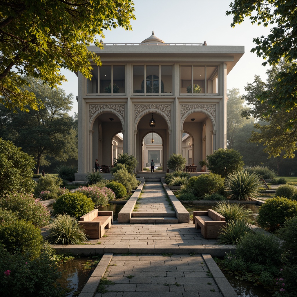 Prompt: Majestic pavilion, gothic arches, stained glass windows, ornate stone carvings, lush greenery, vibrant flowers, tranquil water features, meandering walkways, natural stone pathways, rustic wooden benches, mystical misty atmosphere, warm soft lighting, shallow depth of field, 3/4 composition, panoramic view, realistic textures, ambient occlusion.