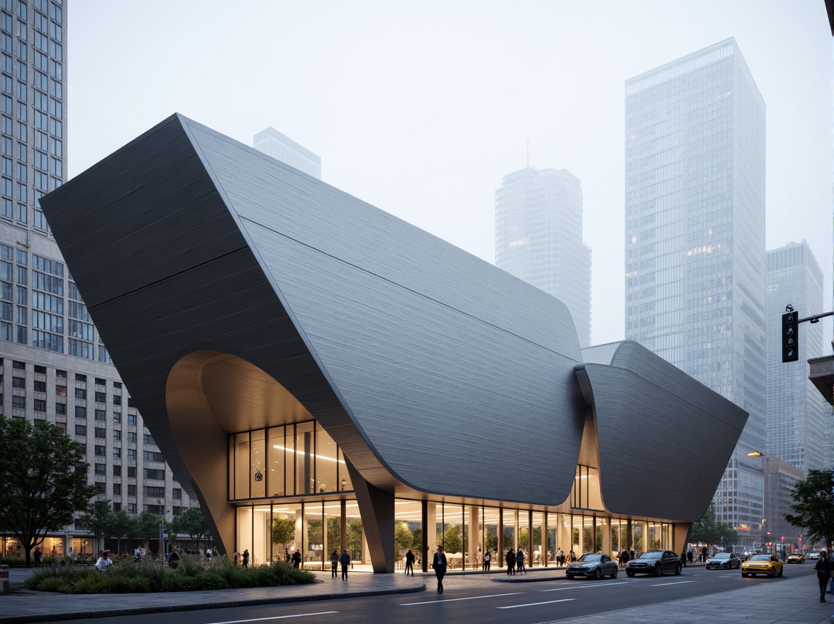 Prompt: Sleek museum facade, streamline moderne architecture, silver metallic cladding, curved glass walls, minimalist entrance, cantilevered rooflines, dramatic LED lighting, urban cityscape, busy streets, morning fog, soft natural light, shallow depth of field, 1/1 composition, symmetrical view, high-contrast textures, ambient occlusion.Let me know if you need any adjustments!