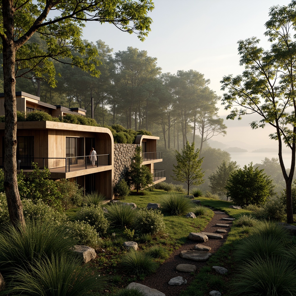 Prompt: Harmonious eco-lodge, blending into lush forest, natural stone fa\u00e7ade, curved wooden beams, green roof, solar panels, rainwater harvesting system, organic garden, meandering trails, serene lake views, misty morning atmosphere, soft warm lighting, shallow depth of field, 1/2 composition, intimate scale, earthy color palette, rustic textures, ambient occlusion.