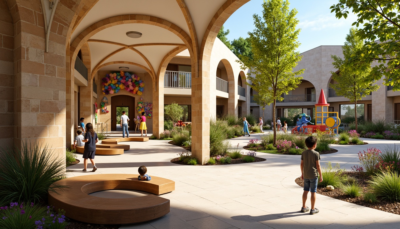 Prompt: Vibrant kindergarten playground, Romanesque arches, rounded columns, soft warm lighting, natural stone walls, colorful ceramic tiles, playful murals, whimsical sculptures, interactive educational exhibits, cozy reading nooks, curved wooden benches, lush greenery, blooming flowers, sunny day, shallow depth of field, 3/4 composition, panoramic view, realistic textures, ambient occlusion.