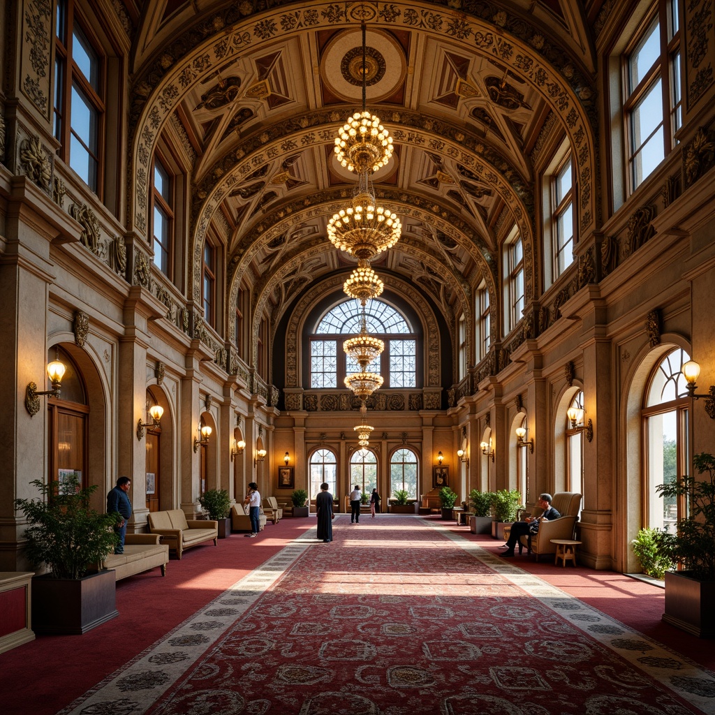 Prompt: Ornate school building, grandiose facade, intricate stone carvings, gilded details, sweeping arches, ornamental columns, lavish chandeliers, richly patterned rugs, opulent furnishings, regal color palette, dramatic lighting, shallow depth of field, 3/4 composition, symmetrical framing, realistic textures, ambient occlusion, warm golden lighting, highly decorative ceilings, elaborate frescoes, ornate doorways, intricate moldings.