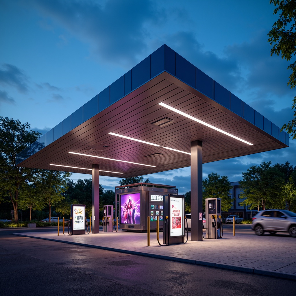 Prompt: Futuristic gas station, neon-lit canopy, dynamic LED lights, sleek metallic exterior, angular lines, minimalist design, cantilevered roof, green roofs, eco-friendly materials, innovative ventilation systems, shaded outdoor spaces, misting systems, futuristic fuel pumps, interactive digital displays, holographic advertisements, 3D-printed architecture, parametric design, robotic gas attendants, automated fueling systems, high-tech security cameras, panoramic view, shallow depth of field, realistic textures, ambient occlusion.