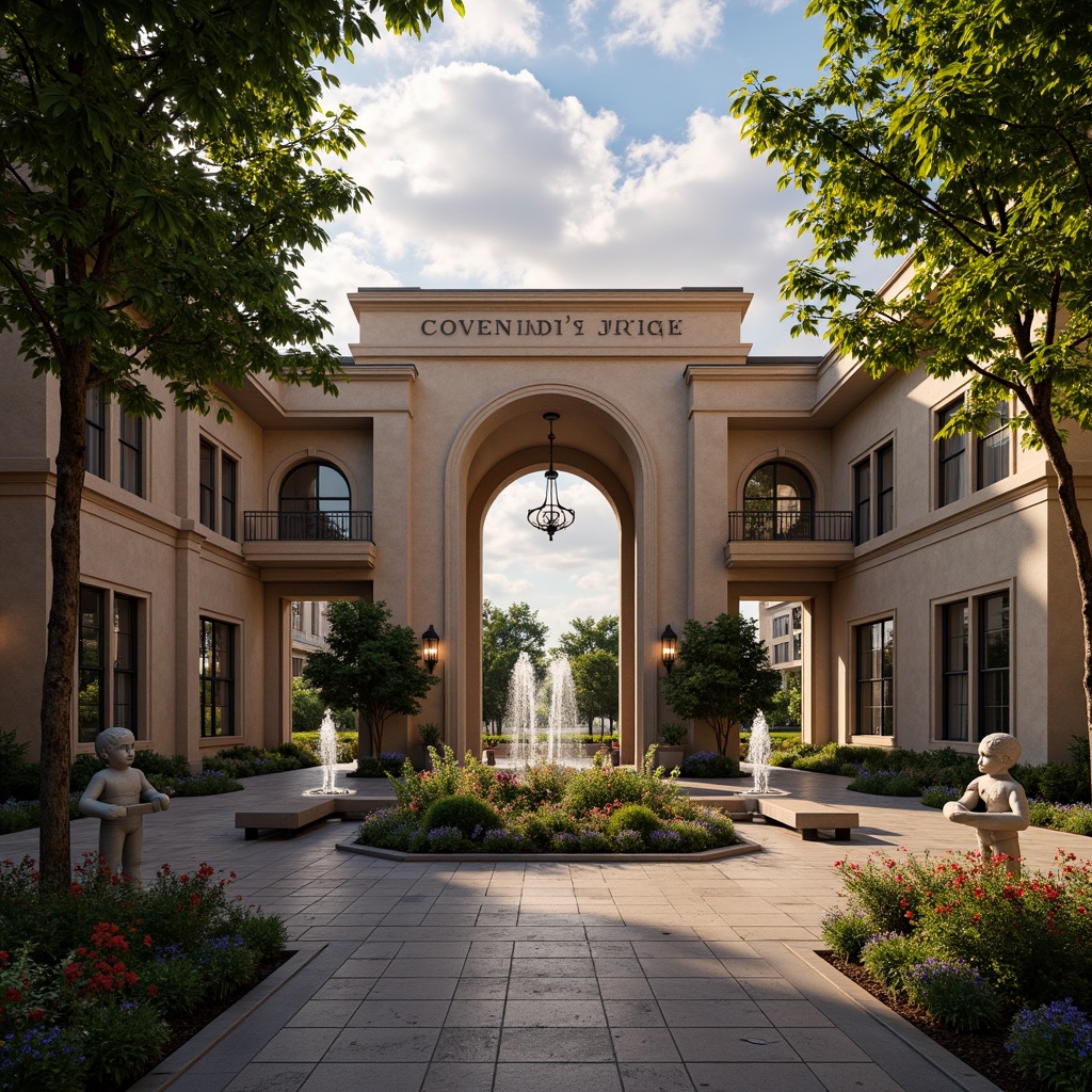 Prompt: Dramatic theatrical buildings, grand entrance gates, ornate fountains, lush greenery, vibrant flowers, artistic sculptures, meandering walkways, natural stone paving, elegant lampposts, romantic string lights, warm golden lighting, soft focus, shallow depth of field, 1/2 composition, symmetrical framing, realistic textures, ambient occlusion.