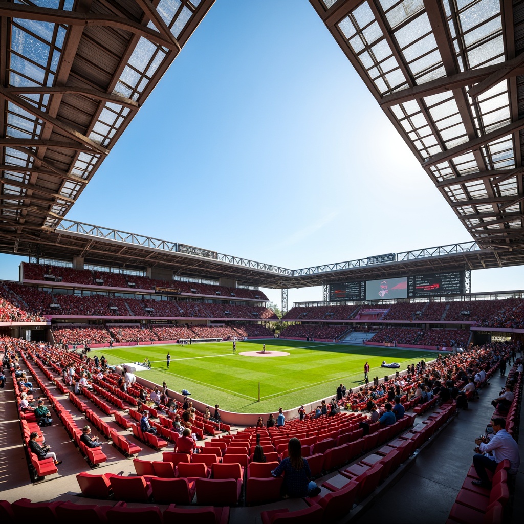 Prompt: Vibrant maroon stadium seating, lush green athletic field, modern sports lighting, sleek metallic bleachers, dynamic angular architecture, bold geometric patterns, energetic atmosphere, crowded spectator stands, sunny day, dramatic shadowing, high-contrast color scheme, 3/4 composition, panoramic view, realistic textures, ambient occlusion.