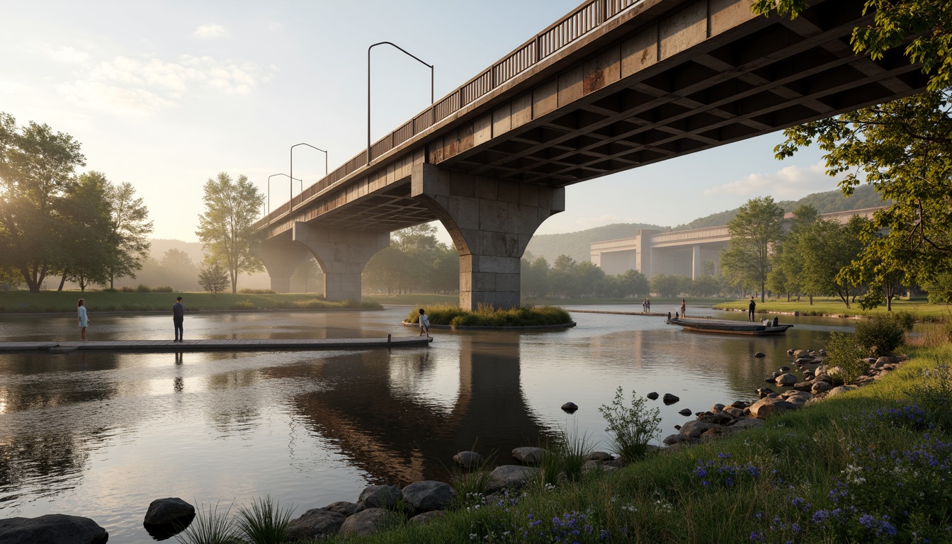 Prompt: Lakefront bridges, serene water reflections, soft misty mornings, lush greenery, natural wood textures, weathered steel beams, rustic stone piers, gentle lake ripples, calm atmosphere, warm golden lighting, shallow depth of field, 1/1 composition, realistic renderings, ambient occlusion, earthy color tones, muted blue hues, mossy green accents, rusty orange undertones, creamy white highlights.