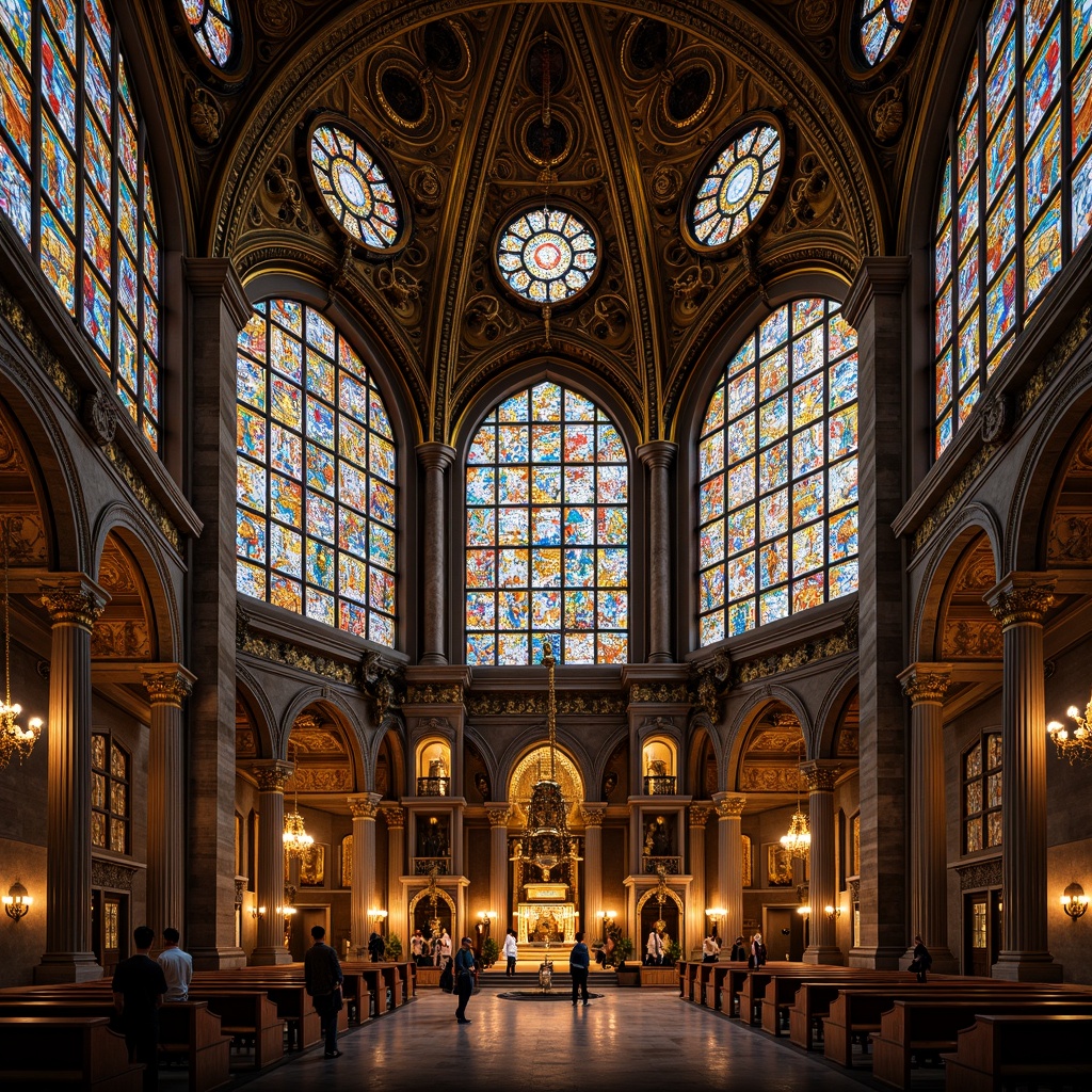 Prompt: Intricate stained glass windows, Byzantine architecture, ornate mosaics, golden domes, majestic cathedrals, sacred religious symbols, vibrant colors, elaborate patterns, luxurious textures, ambient warm lighting, soft diffused illumination, shallow depth of field, 1/2 composition, symmetrical balance, ornate capitals, marble columns, intricate stone carvings, mystical atmosphere, serene ambiance, divine spirituality.