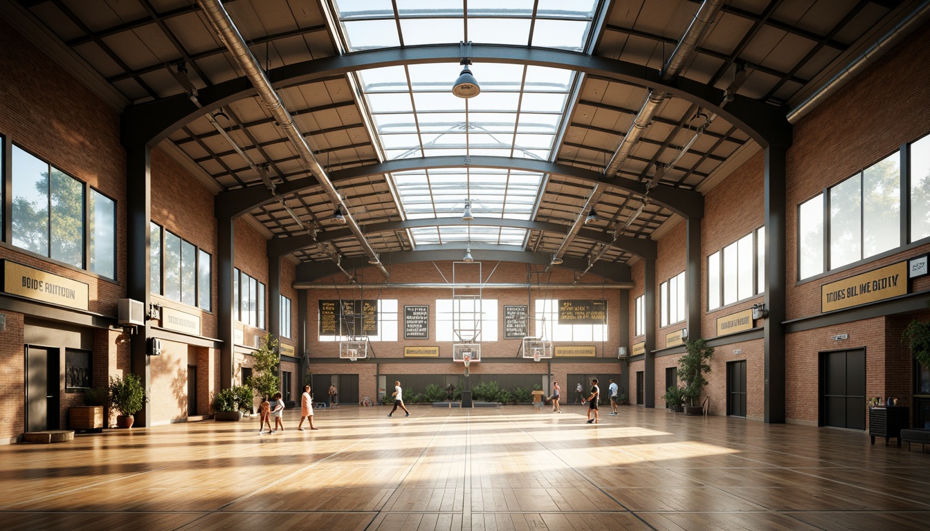 Prompt: Well-lit gymnasium interior, large windows, transparent glass roof, natural light pouring in, wooden flooring, athletic equipment, basketball hoops, sports banners, motivational quotes, modern industrial architecture, exposed ductwork, metal beams, sleek lines, functional design, high ceilings, airy atmosphere, soft warm lighting, shallow depth of field, 3/4 composition, panoramic view, realistic textures, ambient occlusion.