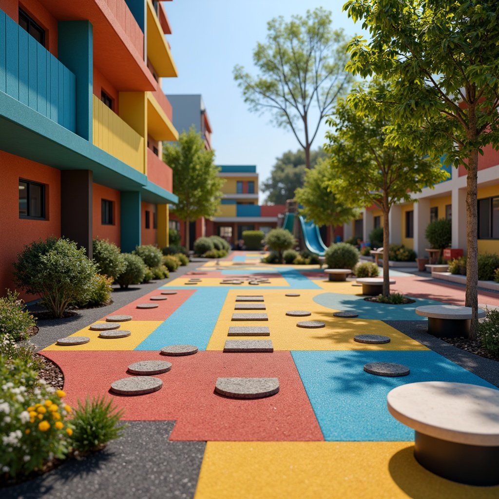 Prompt: Vibrant playground, colorful rubber flooring, textured asphalt surfaces, whimsical murals, playful hopscotch patterns, 3D geometric shapes, soft cushioned benches, rounded slide structures, climbing wall features, rope ladder details, natural wood accents, bright sunshine, warm ambient lighting, shallow depth of field, 1/1 composition, realistic material textures, ambient occlusion.