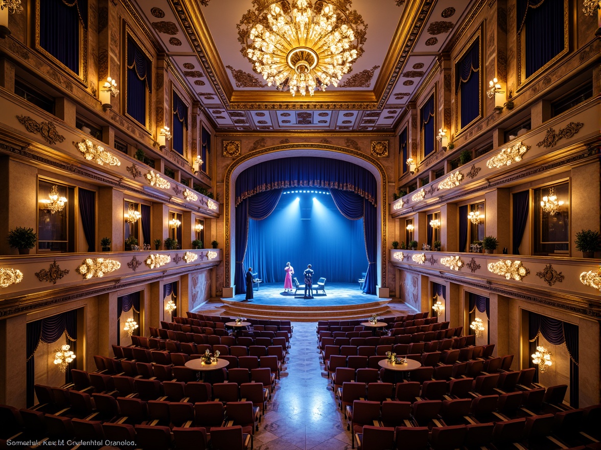 Prompt: Grand opera house, lavish sapphire accents, opulent velvet drapes, golden ornate details, crystal chandeliers, marble floors, intricate mosaics, grand staircases, luxurious private boxes, majestic stage curtains, dramatic spotlights, rich blue and gold color scheme, regal atmosphere, soft warm glow, shallow depth of field, 1/1 composition, symmetrical architecture, ornate Baroque details, lavish furnishings, elegant patterns, realistic textures, ambient occlusion.