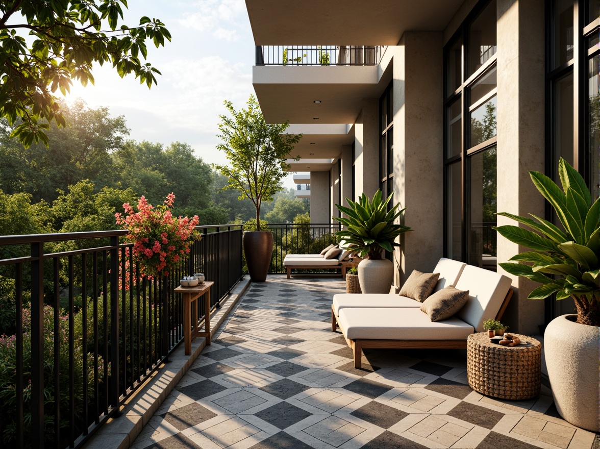 Prompt: Art Deco apartment balcony, lush greenery, ornate metal railings, geometric patterned tiles, vibrant colorful flowers, statement palms, modern outdoor furniture, sleek lines, minimalist decor, luxurious textiles, metallic accents, warm ambient lighting, soft focus, shallow depth of field, 1/1 composition, panoramic view, realistic rendering, ambient occlusion.