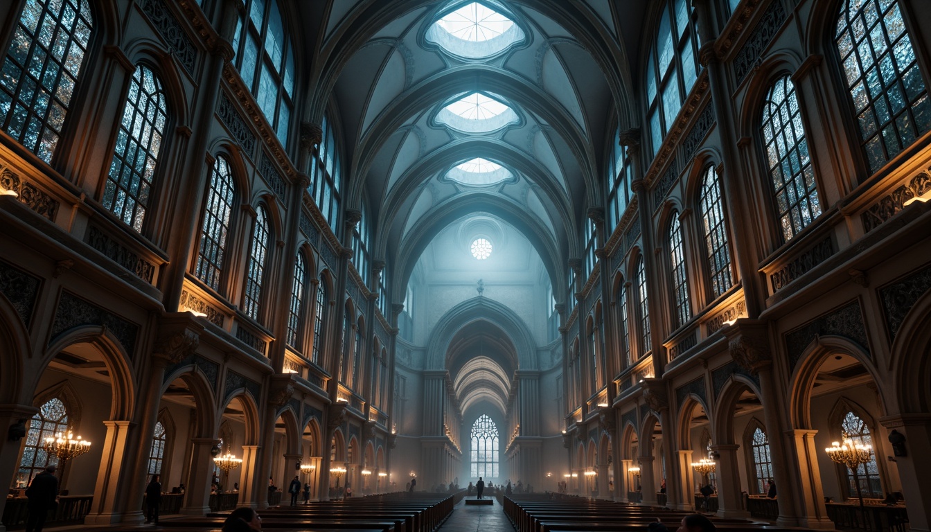 Prompt: Ethereal Gothic cathedral, towering spires, grandiose stained glass windows, intricately carved stone walls, mystical ambience, sustainable wooden beams, eco-friendly roofing materials, recycled metal ornaments, organic natural dyes, handcrafted ornate details, majestic vaulted ceilings, dramatic archways, soft warm candlelight, eerie foggy atmosphere, 1/1 composition, low-angle shot, atmospheric perspective.