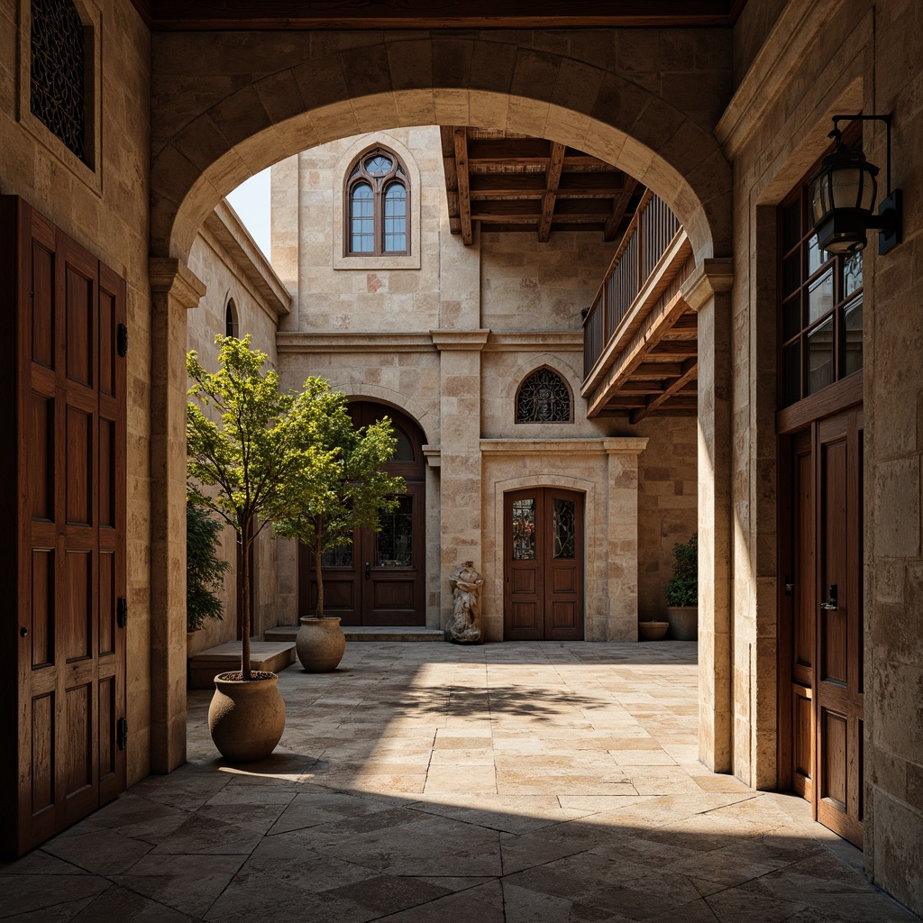 Prompt: Serene monastery courtyard, rustic stone walls, weathered wooden doors, ornate ironwork, stained glass windows, vaulted ceilings, dimly lit corridors, rich tapestries, ornamental frescoes, earthy color palette, muted terracotta tones, soft golden lighting, warm beige stonework, natural material textures, subtle gradations of gray, 1/1 composition, symmetrical framing, soft focus, atmospheric perspective, realistic architectural details.