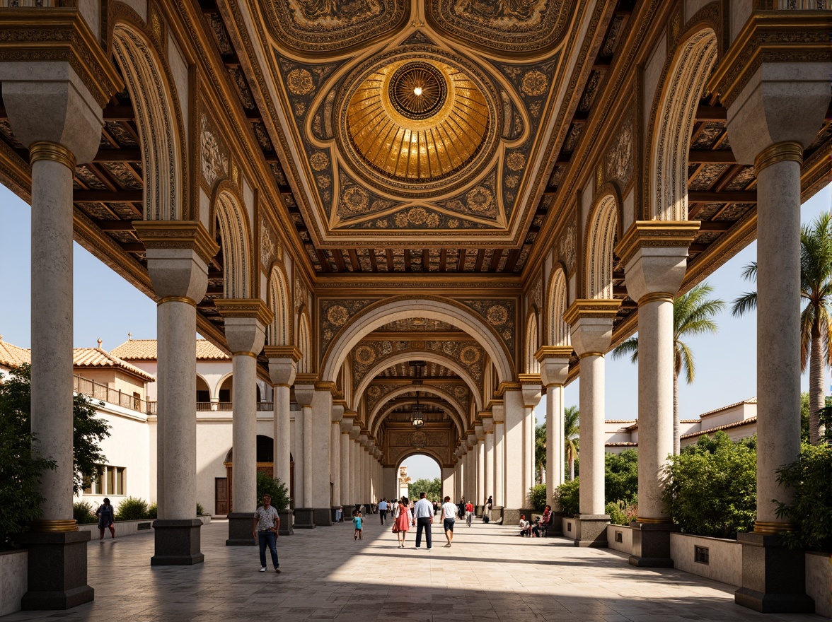 Prompt: Intricate mosaics, golden domes, ornate capitals, marble columns, vaulted ceilings, richly patterned textiles, grand archways, ornamental friezes, subtle Moorish influences, terracotta rooftops, warm earthy tones, soft natural lighting, shallow depth of field, 1/1 composition, realistic textures, ambient occlusion.