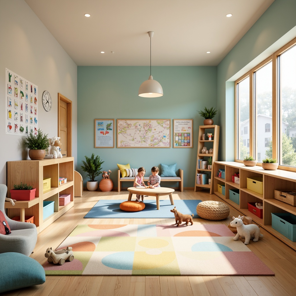 Prompt: Vibrant kindergarten, playful atmosphere, soft pastel colors, gentle hues, whimsical illustrations, rounded shapes, natural wood accents, cozy reading nooks, colorful storage bins, educational wall charts, interactive play areas, safe flooring materials, bright artificial lighting, shallow depth of field, 1/1 composition, realistic textures, ambient occlusion.