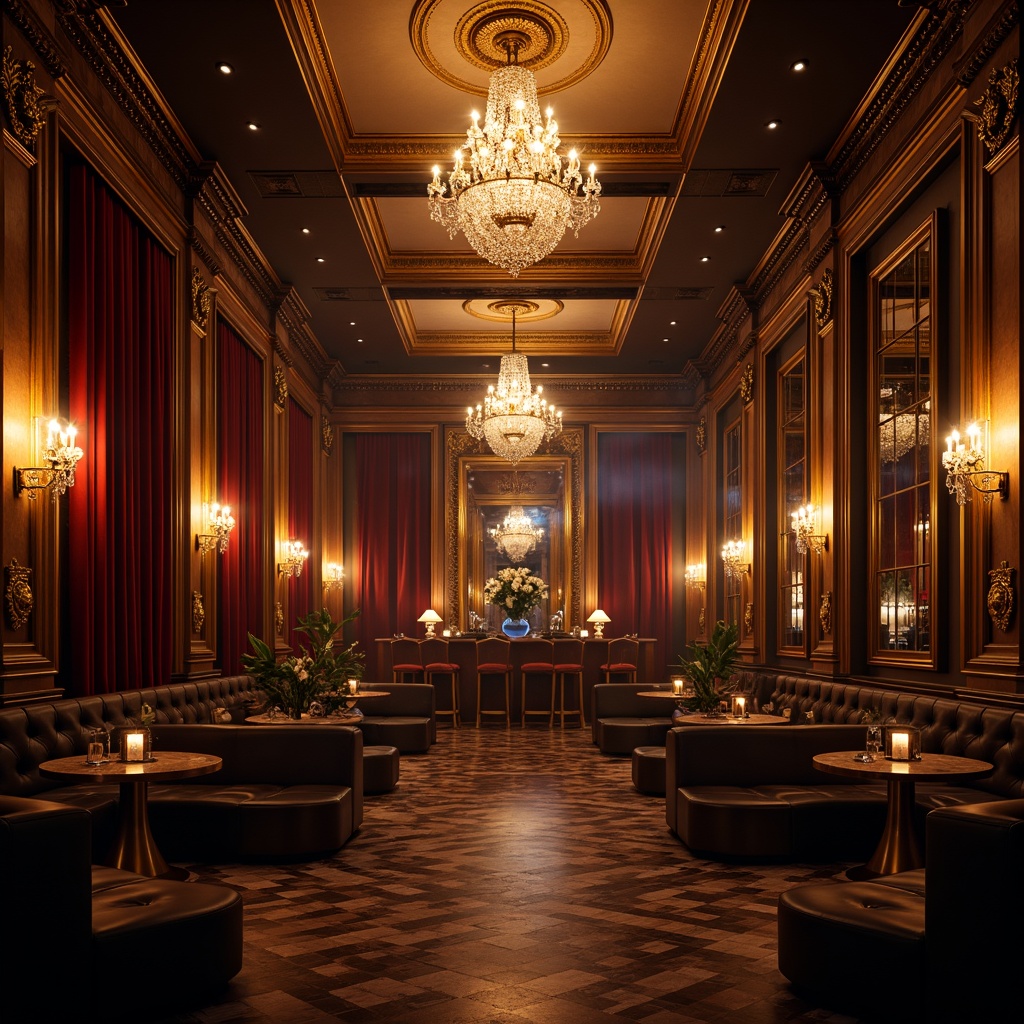 Prompt: Luxurious nightclub interior, neoclassical architectural details, grandiose chandeliers, intricate moldings, ornate mirrors, lavish furnishings, velvet drapes, marble floors, gilded accents, crystal sconces, dramatic spotlights, ambient warm lighting, low-key backlighting, mysterious shadows, 1/2 composition, cinematic atmosphere, high-contrast rendering, detailed textures, realistic reflections.