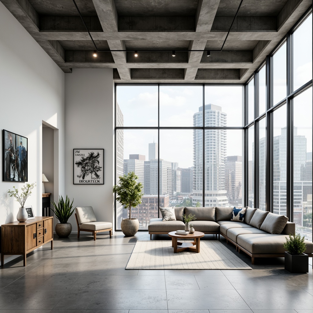 Prompt: Clean lines, simple shapes, industrial materials, functional simplicity, monochromatic color scheme, rectangular forms, steel frames, large glass windows, minimalist decor, sparse furnishings, geometric patterns, bold typography, abstract artwork, natural light, airy atmosphere, open floor plan, functional layout, urban surroundings, modern cityscape, neutral tones, subtle textures, 3/4 composition, shallow depth of field.