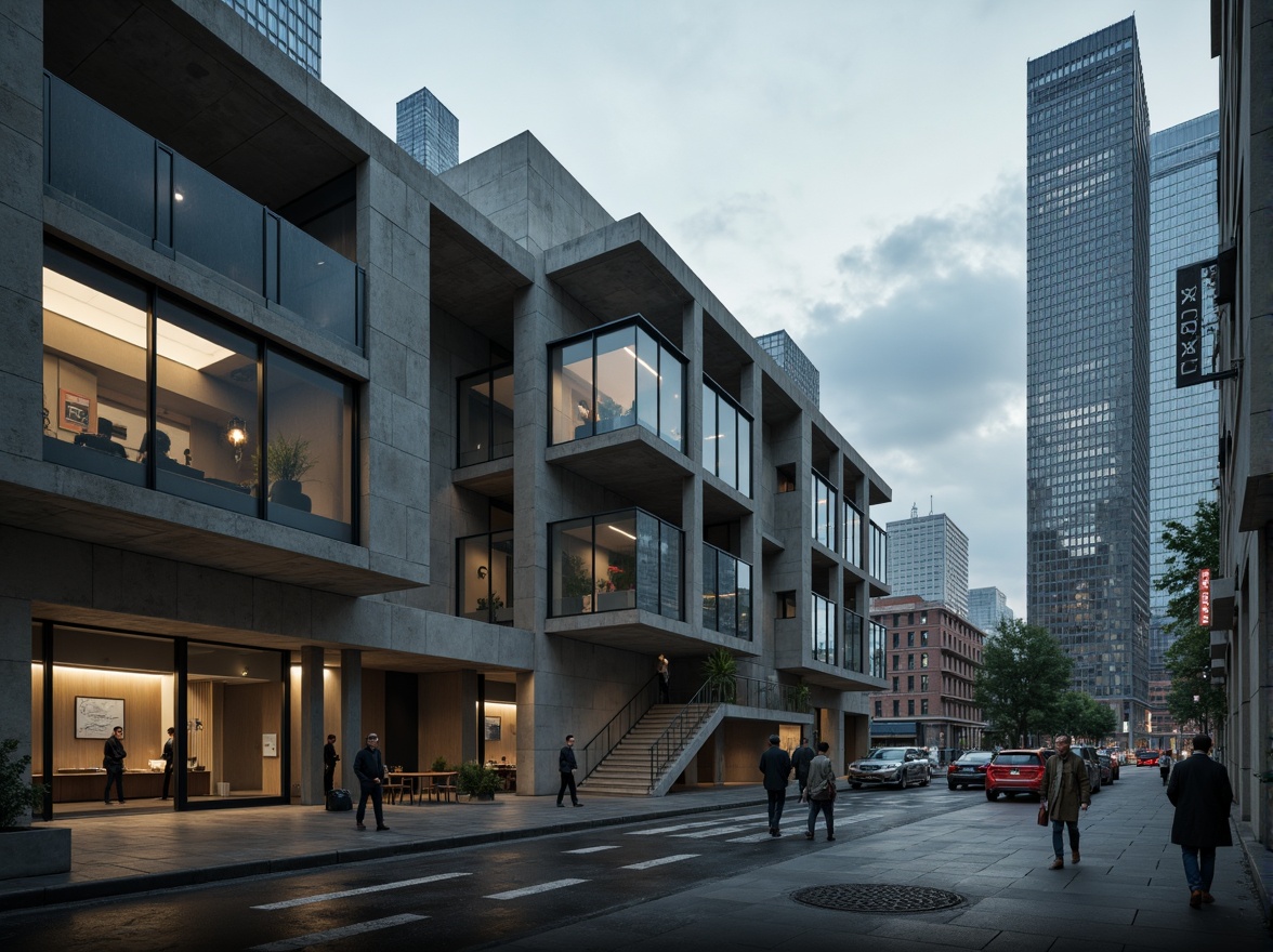 Prompt: Rugged brutalist building, exposed concrete walls, industrial metal beams, glass facade, transparent floors, cantilevered stairs, minimalist decor, urban cityscape, overcast sky, dramatic shadows, high-contrast lighting, cinematic composition, detailed textures, atmospheric fog, abstract reflections.