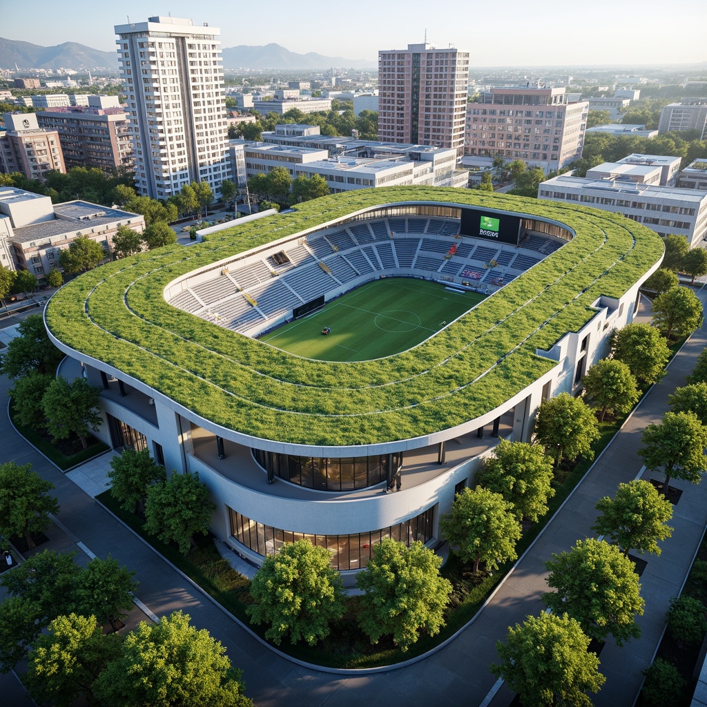 Prompt: \Integrated stadium design, lush green roofs, vibrant urban landscapes, modern angular architecture, cantilevered seating areas, retractable roofs, LED lighting systems, dynamic scoreboards, sleek glass facades, minimalist interior design, sustainable energy solutions, rainwater harvesting systems, green walls, eco-friendly materials, innovative ventilation technologies, panoramic views, shallow depth of field, 3/4 composition, realistic textures, ambient occlusion.\Please let me know if this meets your requirements!