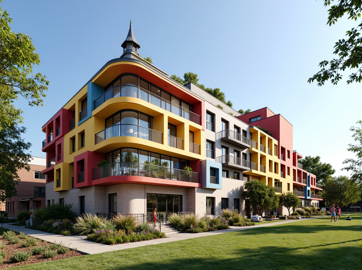 Prompt: Vibrant elementary school building, eclectic fa\u00e7ade design, mix-and-match architectural styles, playful color schemes, irregular shapes, oversized windows, curved lines, asymmetrical composition, whimsical decorations, patterned brick walls, metal accents, natural stone foundations, lush green roofs, blooming flowers, sunny day, soft warm lighting, shallow depth of field, 3/4 composition, panoramic view, realistic textures, ambient occlusion.