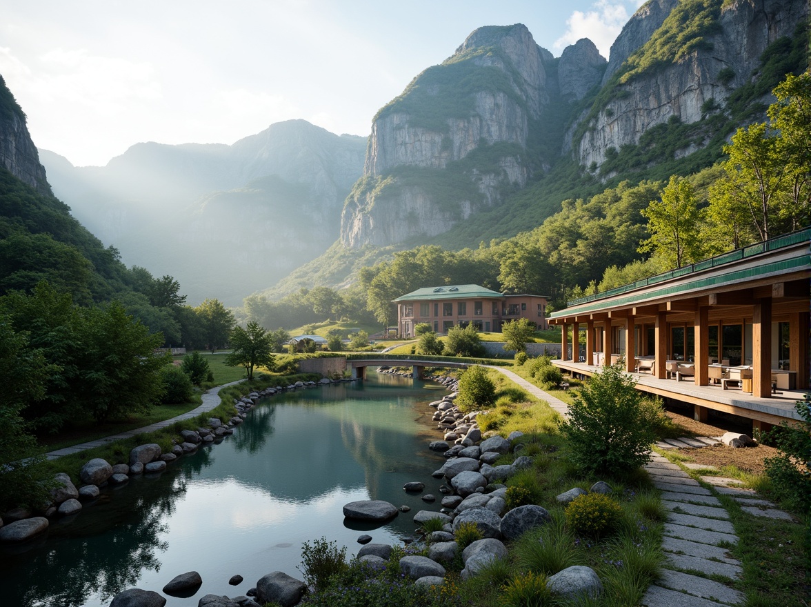 Prompt: Mountainous terrain, serene lakeside, lush vegetation, rocky outcrops, meandering streams, wooden bridges, natural stone walls, curved architecture, green roofs, solar panels, eco-friendly materials, cantilevered structures, panoramic views, misty mornings, soft warm lighting, shallow depth of field, 3/4 composition, realistic textures, ambient occlusion.