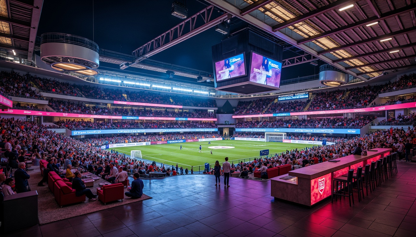 Prompt: Vibrant soccer stadium interior, spacious concourse areas, tiered seating arrangements, premium VIP lounges, modern sports bar designs, neon-lit concession stands, dynamic digital scoreboards, sleek metal railings, polished concrete floors, energetic color schemes, crowd-pleasing amenities, state-of-the-art sound systems, high-definition LED displays, atmospheric lighting effects, 1/1 composition, shallow depth of field, realistic textures, ambient occlusion.