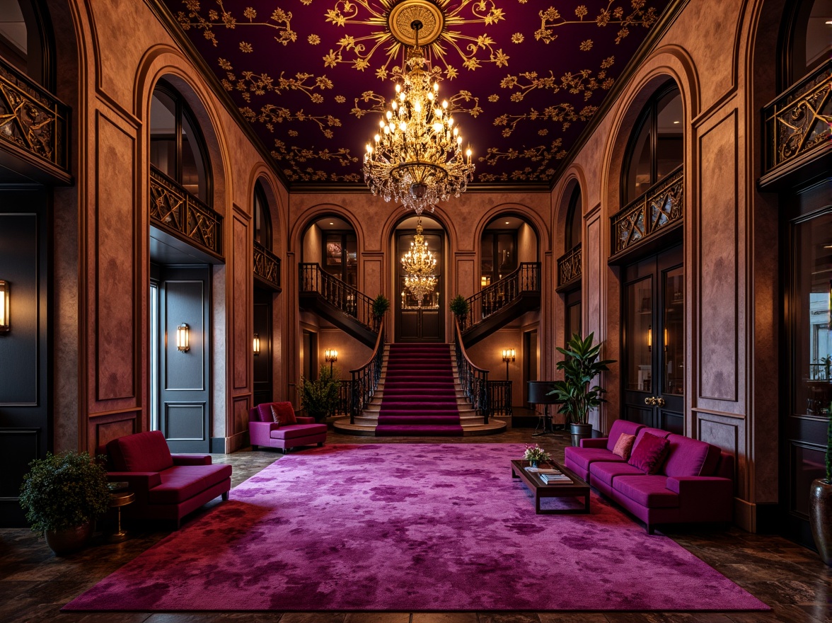 Prompt: Rich plum hues, luxurious velvet textures, ornate metal accents, grandiose chandeliers, lavish furnishings, opulent marble floors, majestic staircase, dramatic archways, warm golden lighting, regal atmosphere, classical architecture, imposing columns, intricate moldings, sophisticated color scheme, bold contrast, vibrant accents, rich jewel tones, indulgent ambiance, mysterious shadows, cinematic composition, high-contrast ratio, ornate decorative details.