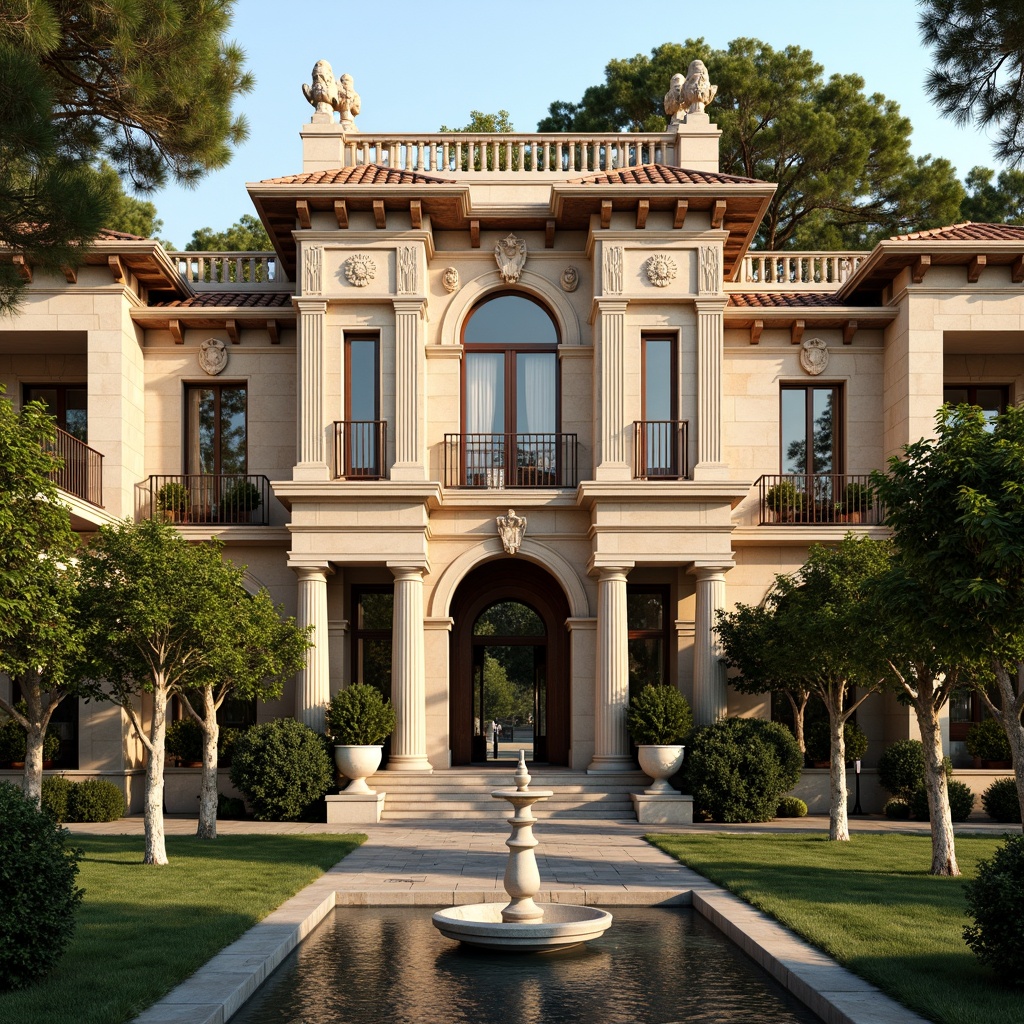 Prompt: Grand villa facade, ornate stately columns, rusticated stone walls, symmetrical architecture, Italian Renaissance style, intricately carved decorations, arched windows, balconies with ornate railings, terra cotta roof tiles, lush greenery, vine-covered arbors, manicured lawns, serene fountain, warm golden lighting, soft focus, 1/1 composition, atmospheric perspective, highly detailed textures, subtle ambient occlusion.