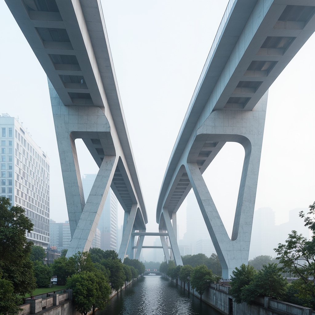 Prompt: Sleek bridge design, modernist architecture, cantilevered sections, suspended roadways, angular steel beams, minimalist piers, cable-stayed systems, geometric shapes, bold color schemes, urban cityscape, morning fog, soft misty lighting, shallow depth of field, 1/2 composition, symmetrical framing, realistic metallic textures, ambient occlusion.