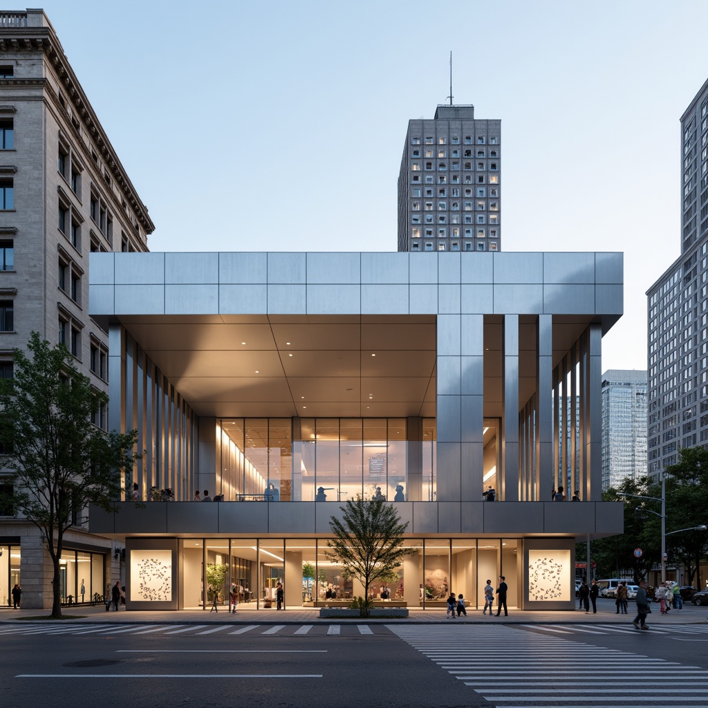 Prompt: Streamlined museum facade, modernist architecture, silver metallic cladding, large floor-to-ceiling windows, cantilevered roofs, minimalist entrance, geometric patterns, LED light installations, urban cityscape, afternoon sunlight, shallow depth of field, 1/2 composition, realistic reflections, ambient occlusion.