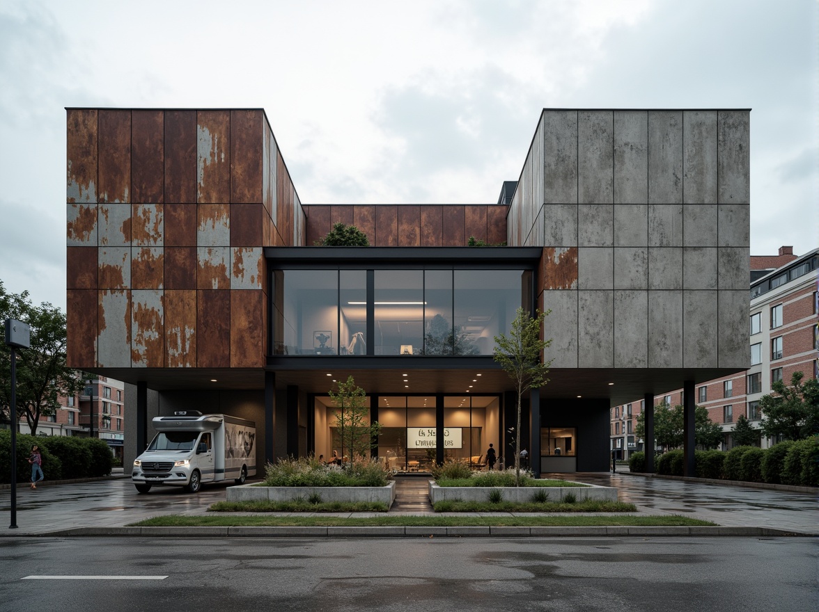 Prompt: Rugged Bauhaus gymnasium facade, industrial-style exterior cladding, weathered steel panels, concrete blocks, bold geometric shapes, minimalist design, functional architecture, urban landscape, overcast sky, dramatic shadows, high-contrast lighting, 1/1 composition, symmetrical framing, gritty textures, ambient occlusion.