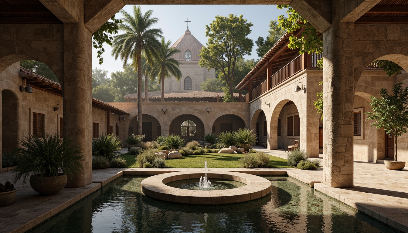 Prompt: Serene monastery courtyard, rustic stone walls, tranquil water features, ornate fountains, peaceful cloisters, grand chapels, vaulted ceilings, stained glass windows, intricate tile work, natural light pouring, soft warm ambiance, shallow depth of field, 3/4 composition, panoramic view, realistic textures, ambient occlusion, monastery's symmetrical layout, harmonious proportions, balance of voids and solids, circulation paths, communal spaces, private cells, sacred altars, ornate decorations, subtle color palette, earthy tones.