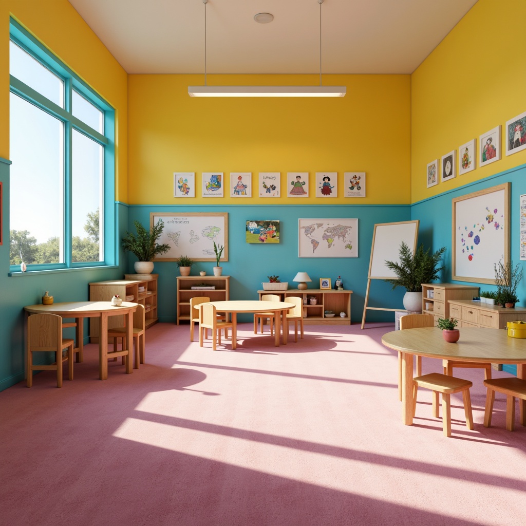 Prompt: Vibrant kindergarten classroom, playful furniture, primary color scheme, bright yellow walls, sky blue accents, soft pink carpet, whimsical illustrations, educational posters, interactive whiteboards, rounded tables, tiny chairs, natural wood textures, gentle overhead lighting, warm cozy atmosphere, shallow depth of field, 1/2 composition, realistic renderings, ambient occlusion.