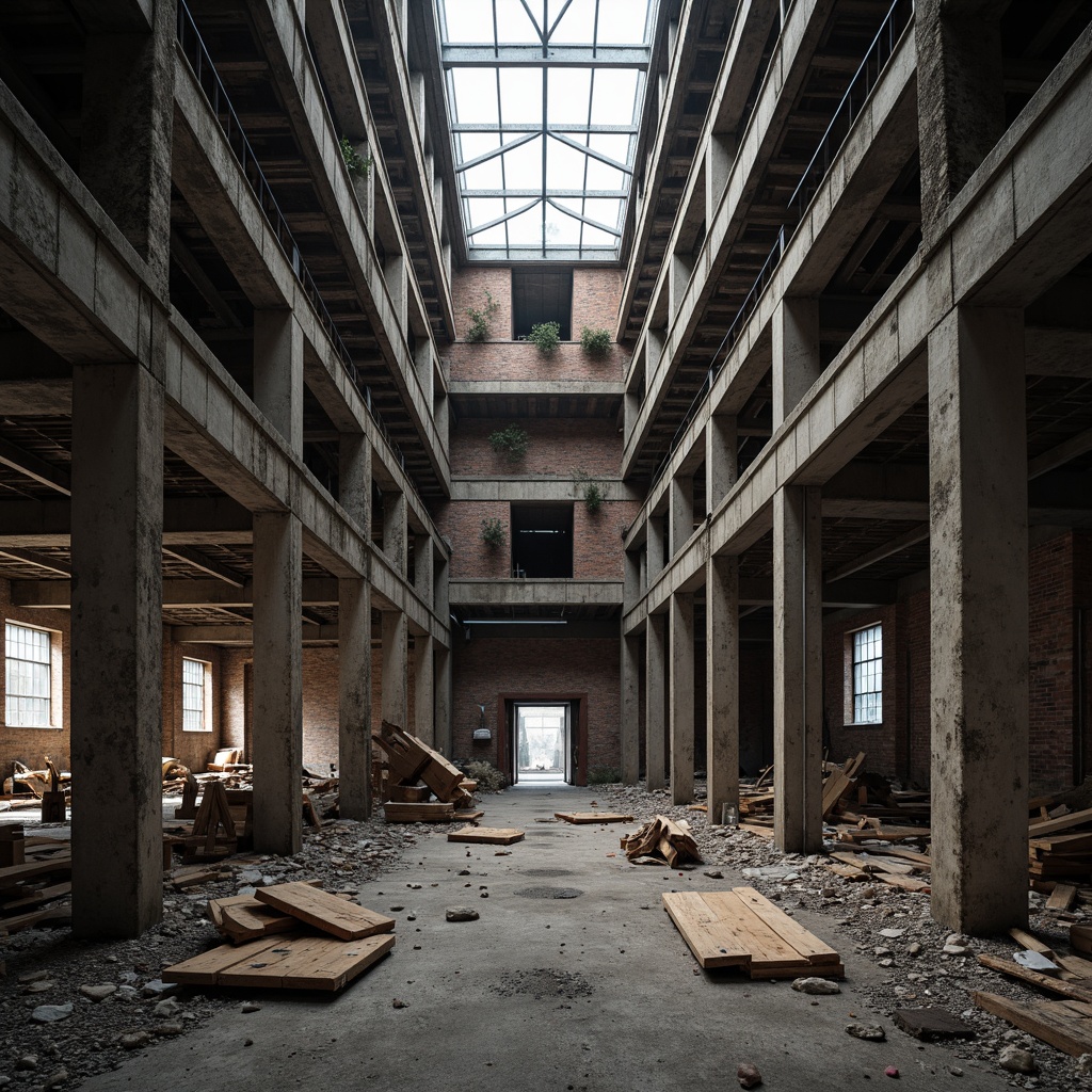 Prompt: Industrial warehouse, exposed brick walls, metallic beams, distressed wooden planks, corrugated metal cladding, fragmented concrete structures, deconstructed architectural elements, abstract geometric patterns, brutalist aesthetics, urban decay, abandoned industrial sites, overcast skies, diffused natural light, high contrast shadows, dramatic focal lengths, 1/2 composition, atmospheric perspective, gritty textures, subtle color grading.