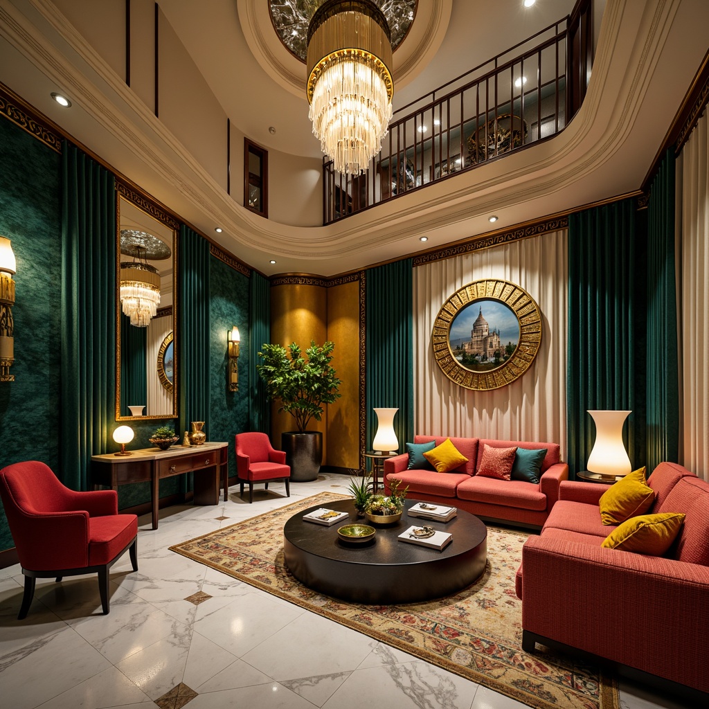 Prompt: Luxurious apartment, Art Deco style, opulent furnishings, lavish decorations, metallic accents, geometric patterns, bold typography, rich jewel tones, emerald green, navy blue, ruby red, golden yellow, creamy white, marble floors, ornate moldings, velvet drapes, crystal chandeliers, luxurious fabrics, glamorous atmosphere, warm soft lighting, shallow depth of field, 1/2 composition, realistic textures, ambient occlusion.