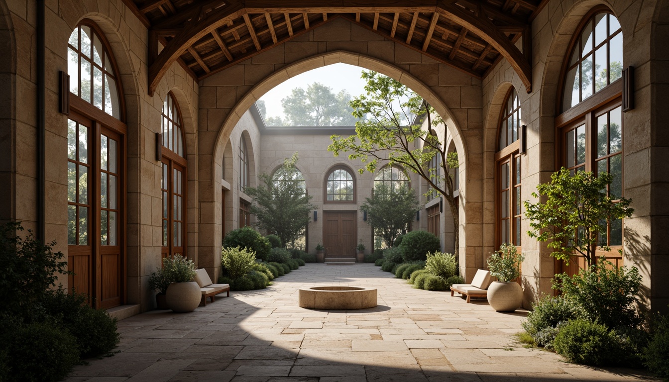 Prompt: Serene monastery courtyard, ornate stone carvings, stained glass windows, vaulted ceilings, grand archways, rustic wooden doors, tranquil water features, lush greenery, natural stone pathways, minimalist decor, subtle lighting, soft warm ambiance, high contrast ratio, 1/1 composition, realistic textures, ambient occlusion, gentle misting, morning dew, peaceful atmosphere.