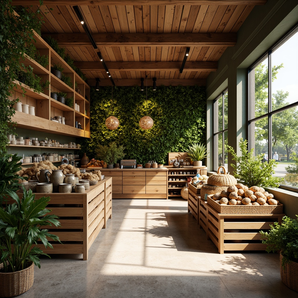 Prompt: Earthy tone grocery store, reclaimed wood accents, living green walls, natural stone flooring, bamboo shelving, organic produce displays, woven rattan baskets, earthy ceramics, minimalist metal fixtures, abundant natural light, warm soft lighting, 1/1 composition, shallow depth of field, realistic textures, ambient occlusion.