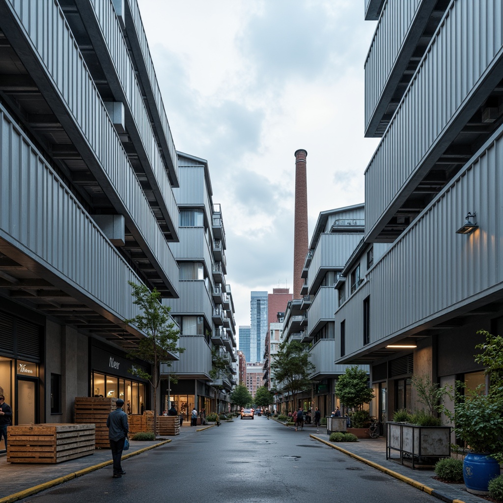 Prompt: Industrial factory buildings, metallic structures, exposed ductwork, sleek modern architecture, neutral tones, cool grays, whites, and blues, contrasting warm accents, wooden crates, metal beams, urban cityscape, cloudy sky, soft natural light, shallow depth of field, 3/4 composition, realistic textures, ambient occlusion.