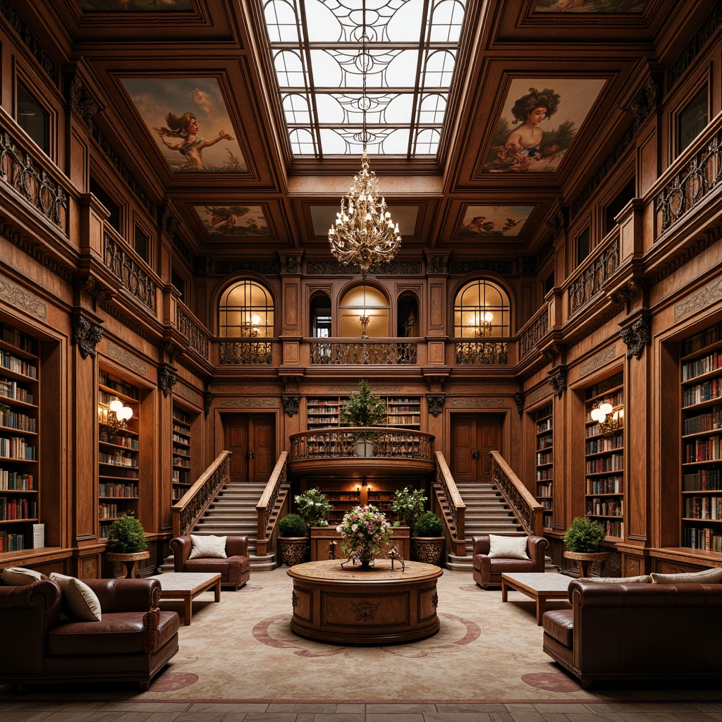 Prompt: Grandiose library interior, rich wood paneling, ornate moldings, gilded accents, intricate carvings, majestic chandeliers, stained glass ceilings, grand staircases, sweeping archways, elaborate frescoes, luxurious fabrics, velvet drapes, leather-bound tomes, polished marble floors, warm golden lighting, soft focus, shallow depth of field, 1/1 composition, symmetrical framing, high contrast ratio.