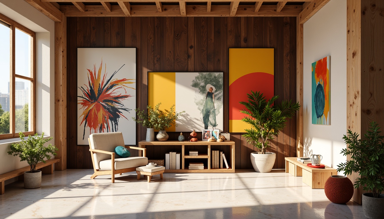 Prompt: Vibrant artistic studio, modern minimalist interior, rich wood accents, eclectic decorative pieces, bold brushstroke walls, natural light pouring in, creamy white marble floors, sleek metal fixtures, warm golden hour lighting, shallow depth of field, 1/1 composition, realistic textures, ambient occlusion.