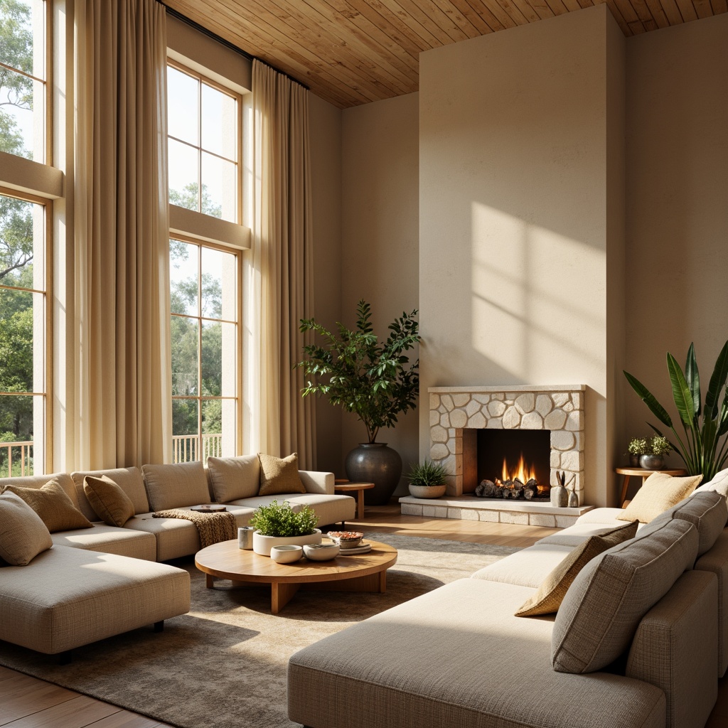 Prompt: Cozy living room, warm beige walls, plush sectional sofa, wooden coffee table, potted greenery, floor-to-ceiling windows, soft cream curtains, natural stone fireplace, modern minimalist decor, ambient warm lighting, shallow depth of field, 3/4 composition, panoramic view, realistic textures, subtle shadows.