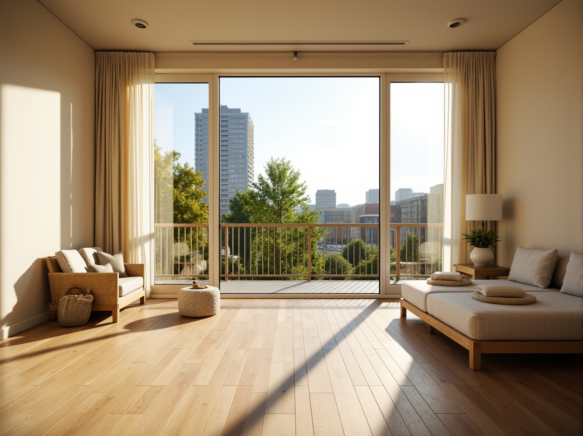 Prompt: Bright student dormitory, large windows, natural light pouring in, minimalist interior design, wooden floors, cream-colored walls, floor-to-ceiling curtains, Juliet balconies, greenery views, urban landscape, sunny day, soft warm lighting, shallow depth of field, 3/4 composition, panoramic view, realistic textures, ambient occlusion.