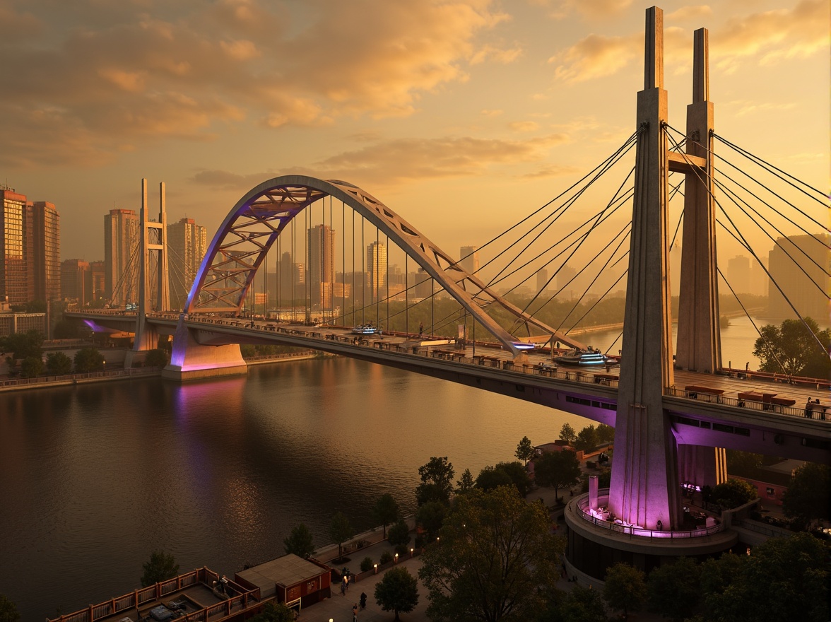 Prompt: Futuristic bridge, sweeping curved lines, gleaming metallic surfaces, neon-lit accents, towering pillars, cantilevered sections, suspension cables, dynamic shapes, asymmetrical composition, vibrant cityscape, misty atmosphere, warm golden lighting, 3/4 perspective view, high-contrast textures, ambient occlusion.