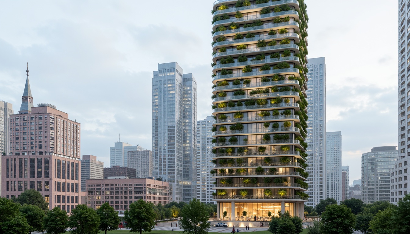 Prompt: Eco-friendly skyscraper, green roofs, living walls, recycled metal fa\u00e7ade, low-carbon concrete, FSC-certified wood, solar panels, wind turbines, rainwater harvesting systems, grey water reuse, natural ventilation, passive design strategies, double-glazed windows, insulated walls, bamboo flooring, reclaimed wood accents, organic paint finishes, biophilic interior design, abundant natural light, airy open spaces, modern minimalist aesthetic, urban oasis, bustling cityscape, cloudy sky, soft diffused lighting, shallow depth of field, 3/4 composition.