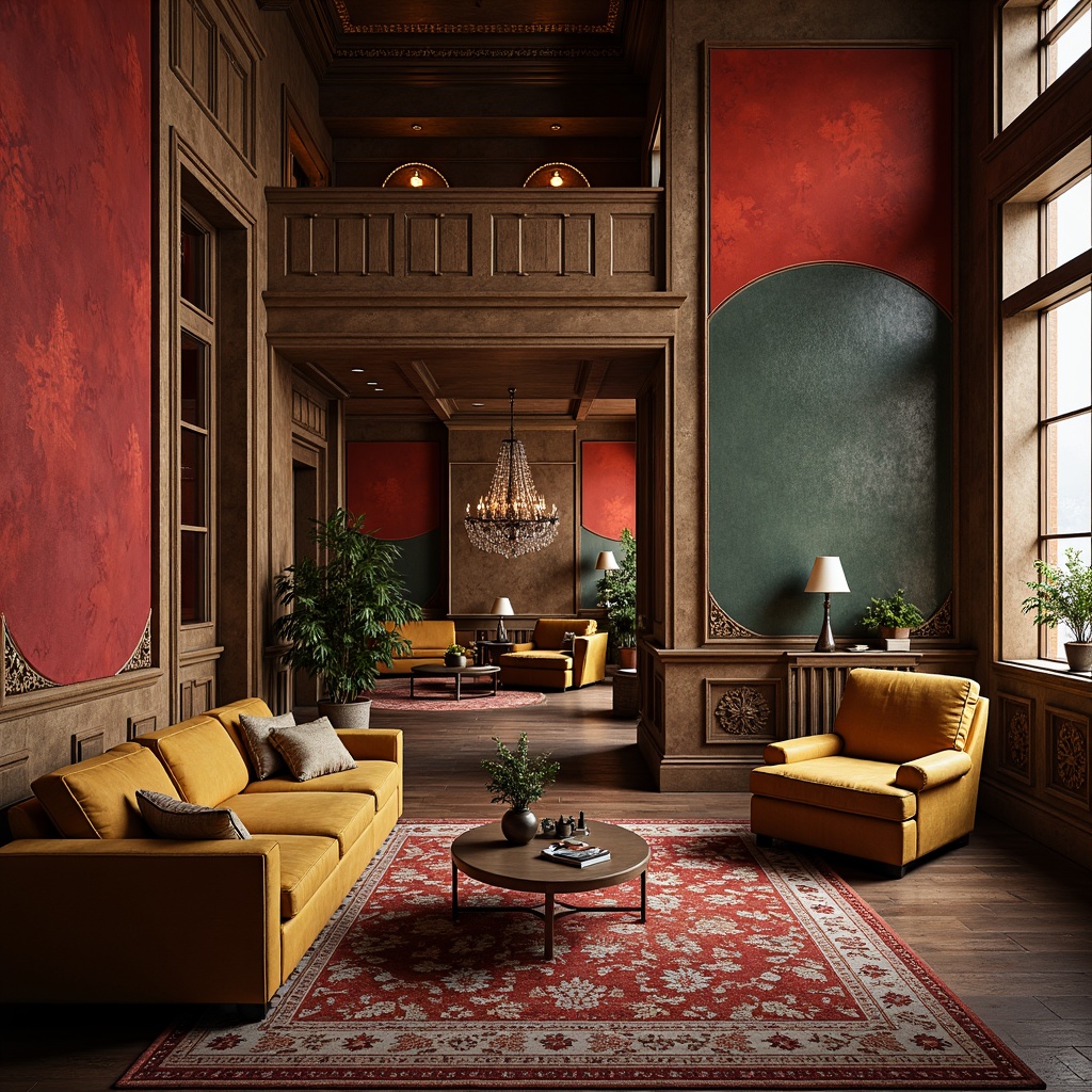 Prompt: Richly textured walls, bold color schemes, playful geometries, eclectic furniture arrangements, oversized decorative elements, asymmetrical compositions, irreverent use of historical styles, ornate details, luxurious fabrics, metallic accents, dramatic lighting contrasts, warm atmospheric ambiance, 1/1 composition, shallow depth of field, realistic textures, ambient occlusion.