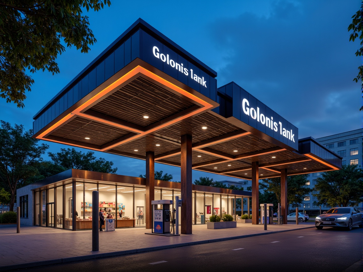 Prompt: Rustic gas station, industrial metal frames, corrugated steel roofs, concrete walls, bold signage, vibrant LED lights, fuel pumps, parking spaces, asphalt driveways, urban landscape, cityscape views, modern architecture, clean lines, minimal ornamentation, functional design, durable materials, weather-resistant coatings, reflective glass surfaces, commercial lighting fixtures, 1-point perspective, high-contrast colors, dramatic shadows.