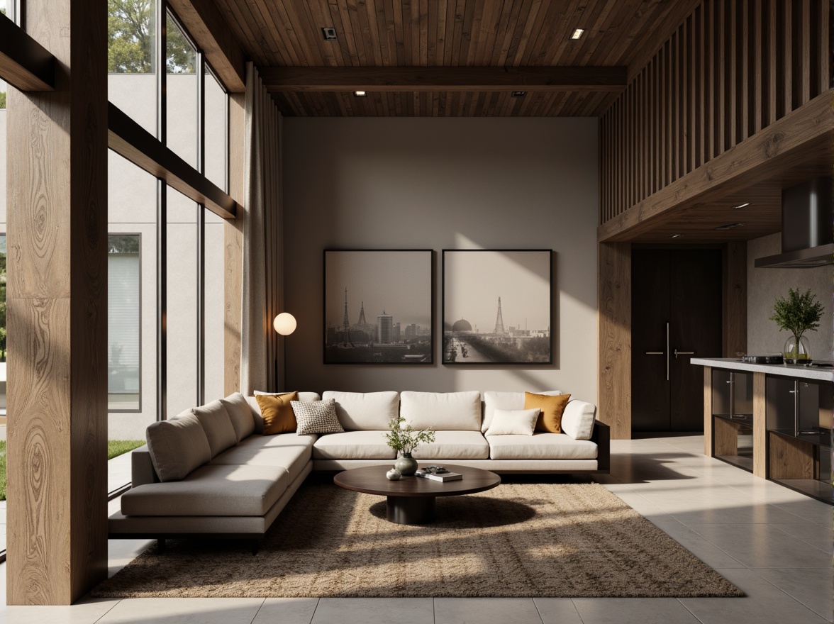 Prompt: Monochromatic color scheme, neutral tones, soft pastels, metallic accents, dark wood grains, sleek glass surfaces, minimalist decor, modernist furniture, geometric patterns, subtle texture contrasts, ambient lighting, cinematic shadows, shallow depth of field, 3/4 composition, realistic reflections, atmospheric perspective.